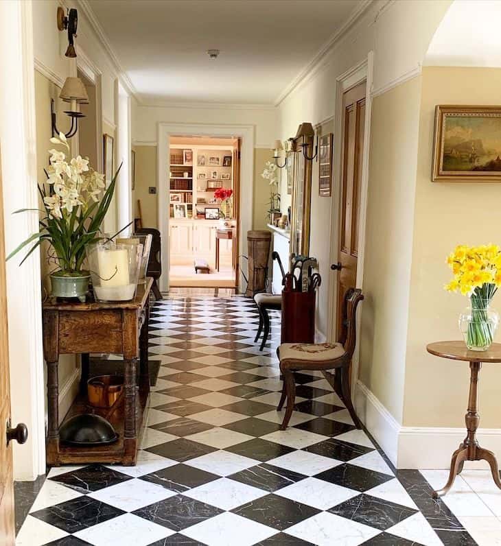 Black and white checkerboard floor tile