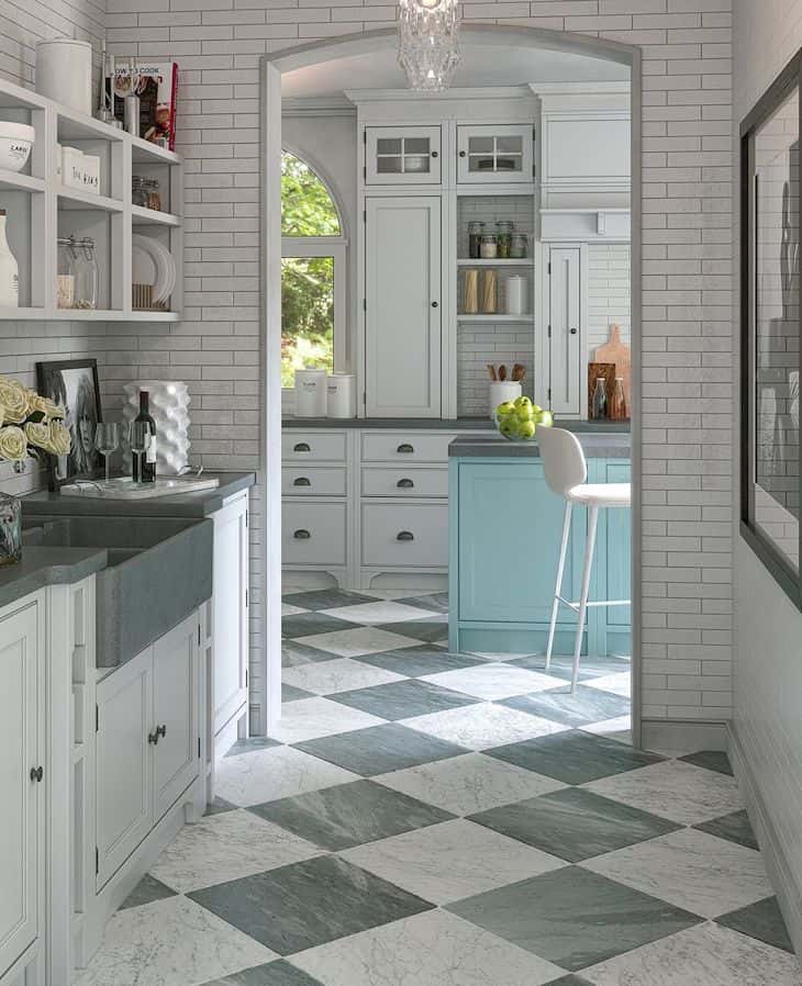 Butlers pantry with grey and white marble floors