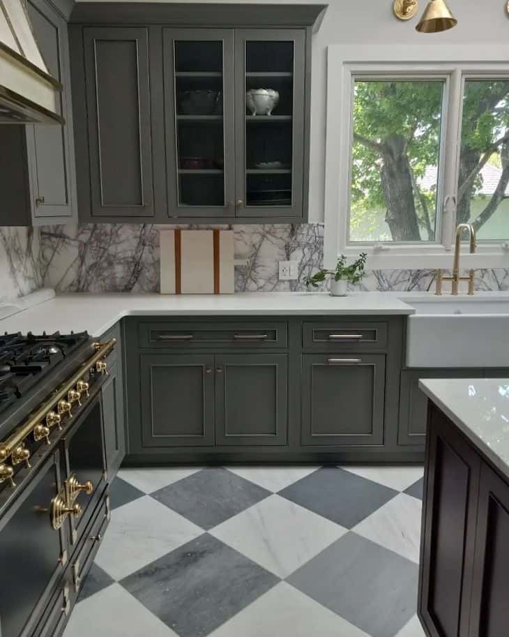 diagonal checkerboard floor in a farmhouse kitchen