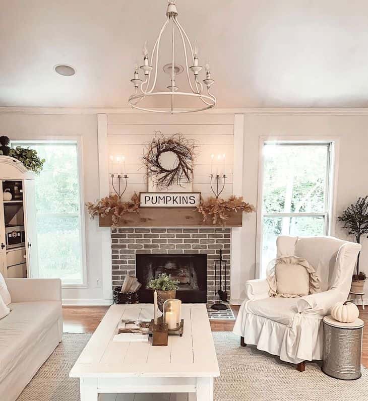 Rustic chandelier in a farmhouse living room