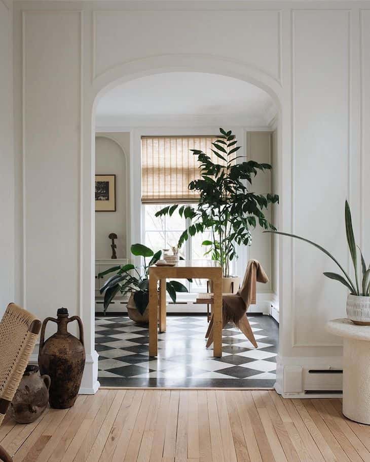 Home office with checkerboard floor