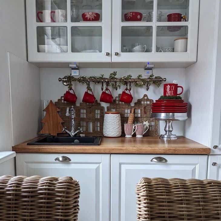 Cocoa bar decorated with Christmas china - Christmas kitchen decor