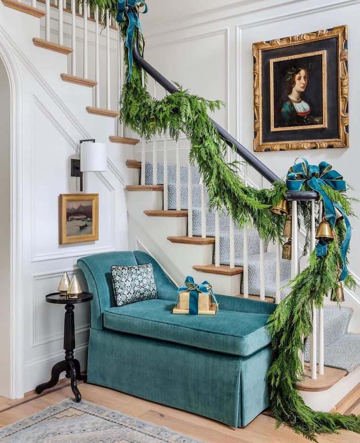 Swag (droop) Christmas garland on stairs - Christmas staircase decor