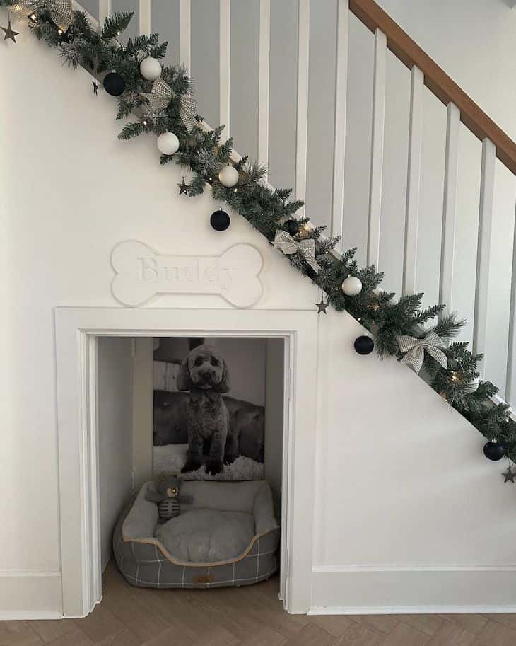 base of stairs decor for Christmas