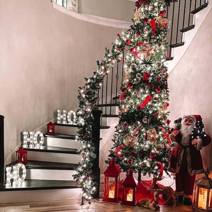 christmas staircase decor with marquee letter lights