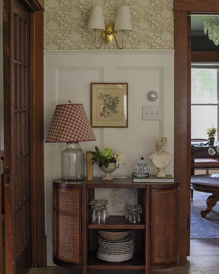 Cottage Console Table Decor with Gingham Lamp and Collected Accents