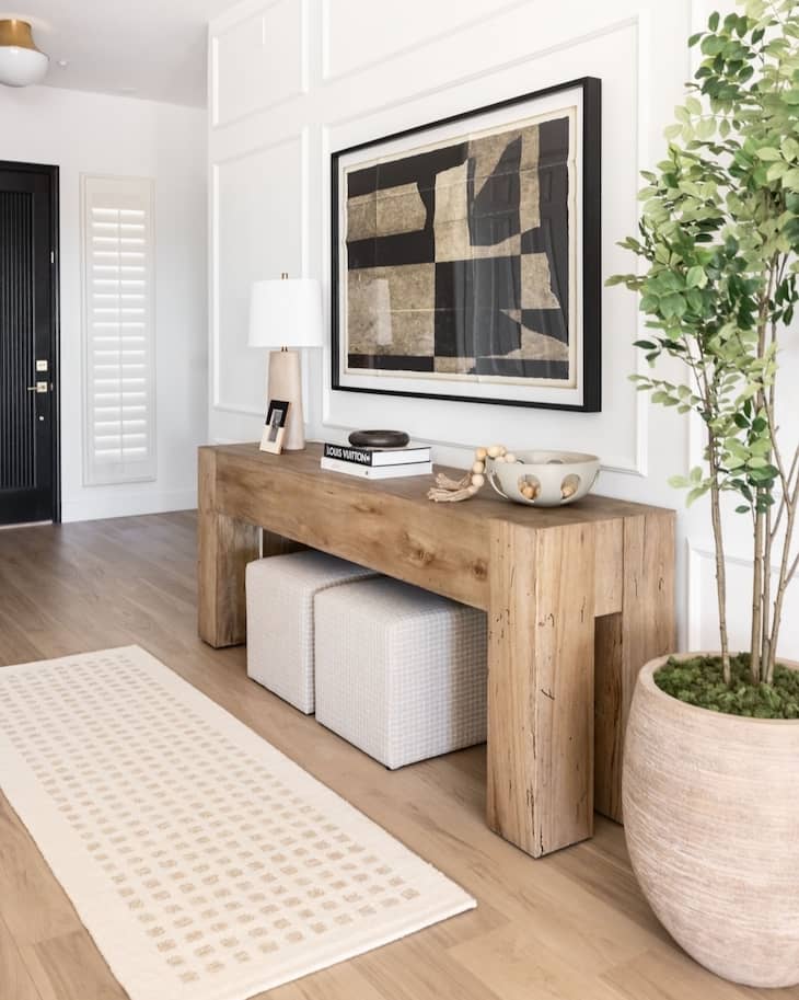 Modern Entryway Console Table with Chunky Wood and Bold Art