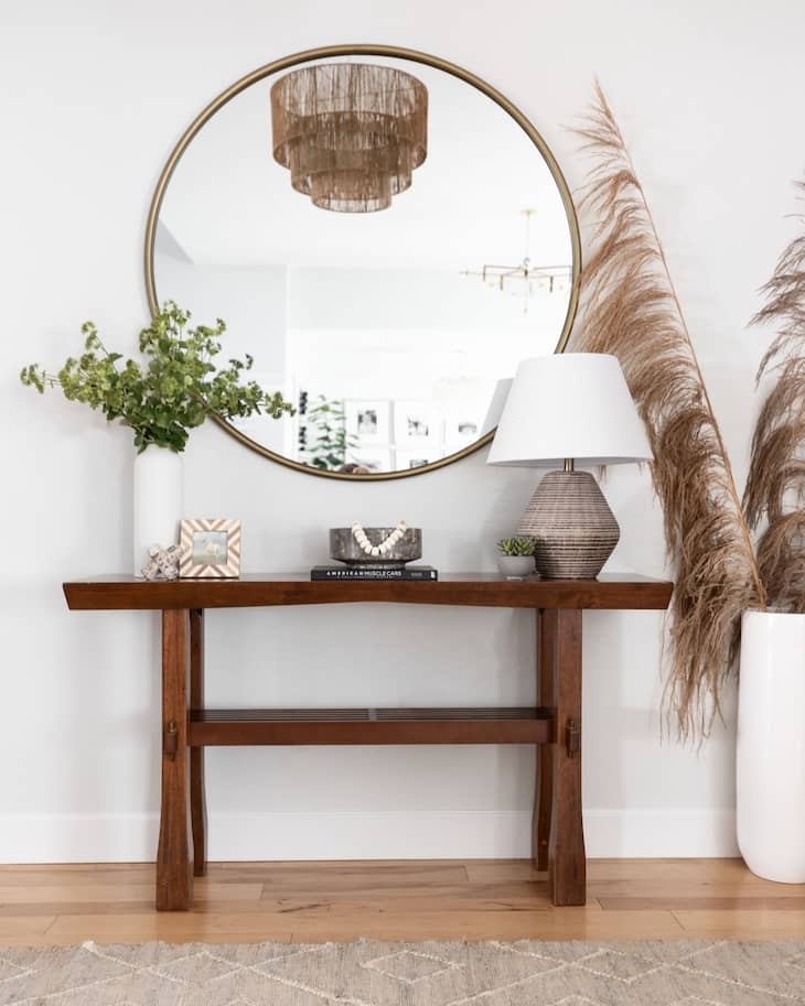 Natural Console Table Decor with Pampas Grass and Woven Lighting