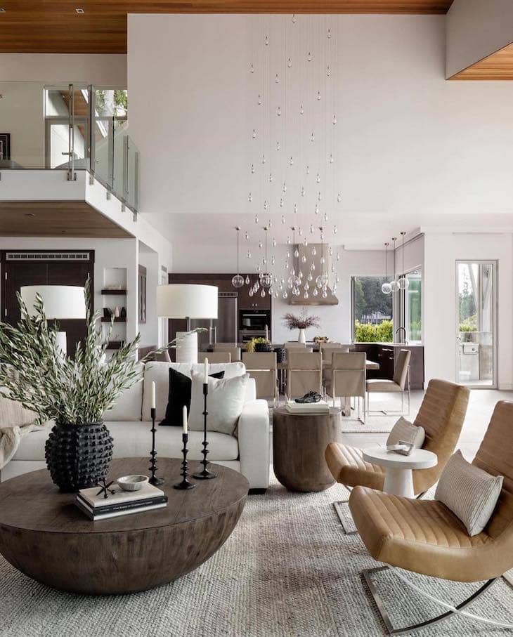 Flat Ceiling with Floating Wood Panel and Statement Light Installation