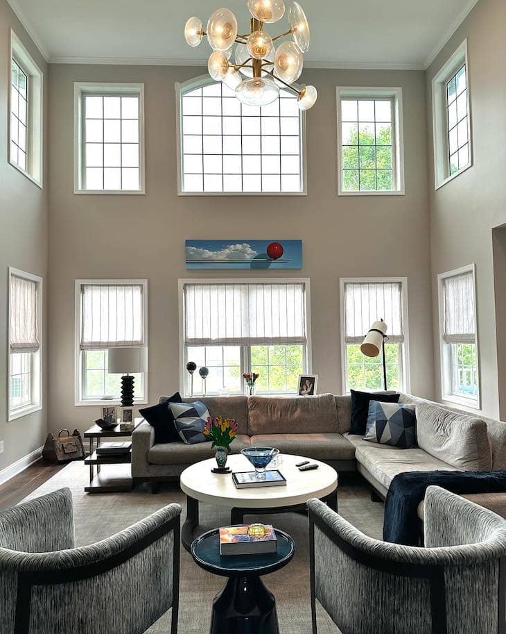Flat Ceiling with Grid Windows and Modern Globe Chandelier