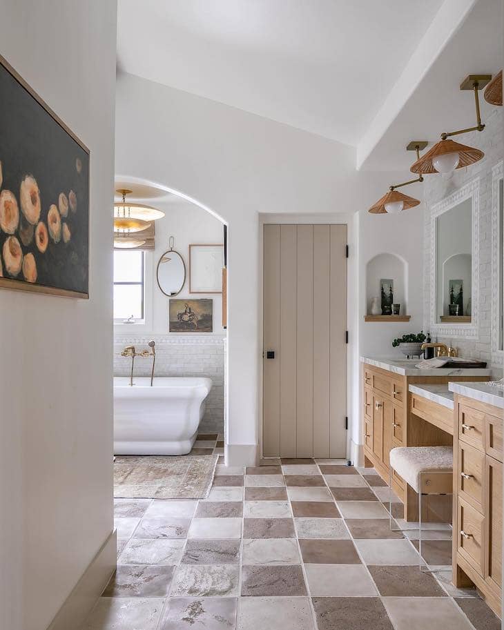 Organic Checker Tile Flooring in master bathroom