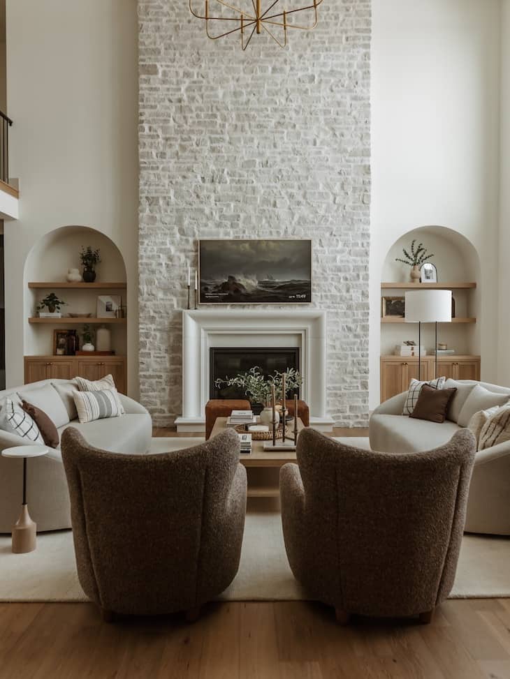 Whitewashed Stacked Stone Fireplace with Transitional Elegance