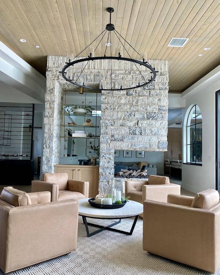 Split-Face Limestone Double-Sided Fireplace with Modern Design