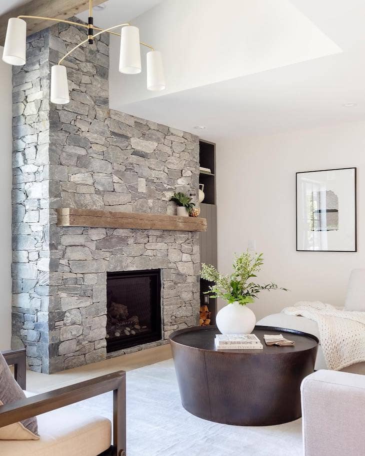 Blue Gray Stacked Stone Fireplace with Minimalist Style
