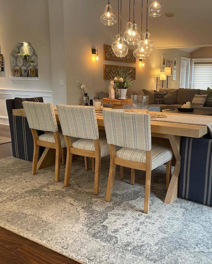 Striped Upholstered Chairs with Light Wood Base
