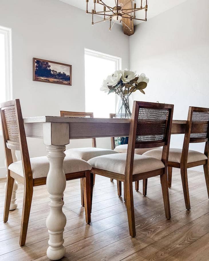 Wooden Cane-Back Chairs with Neutral Cushions