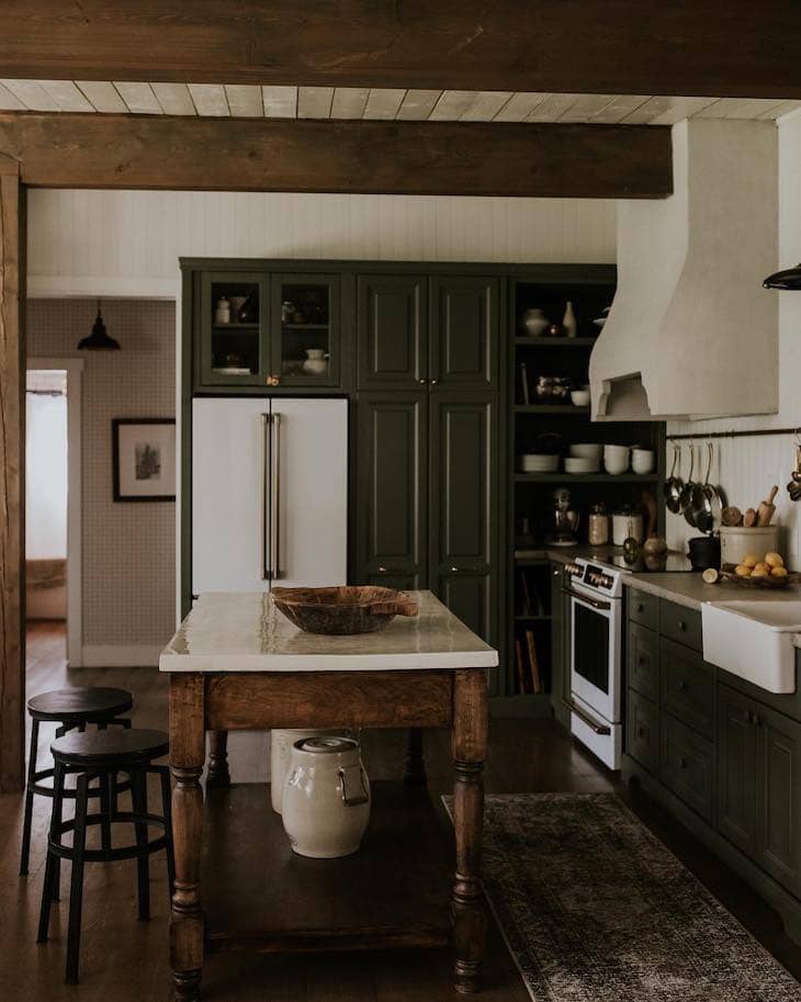 Dark Green Cabinets with Rustic Accents