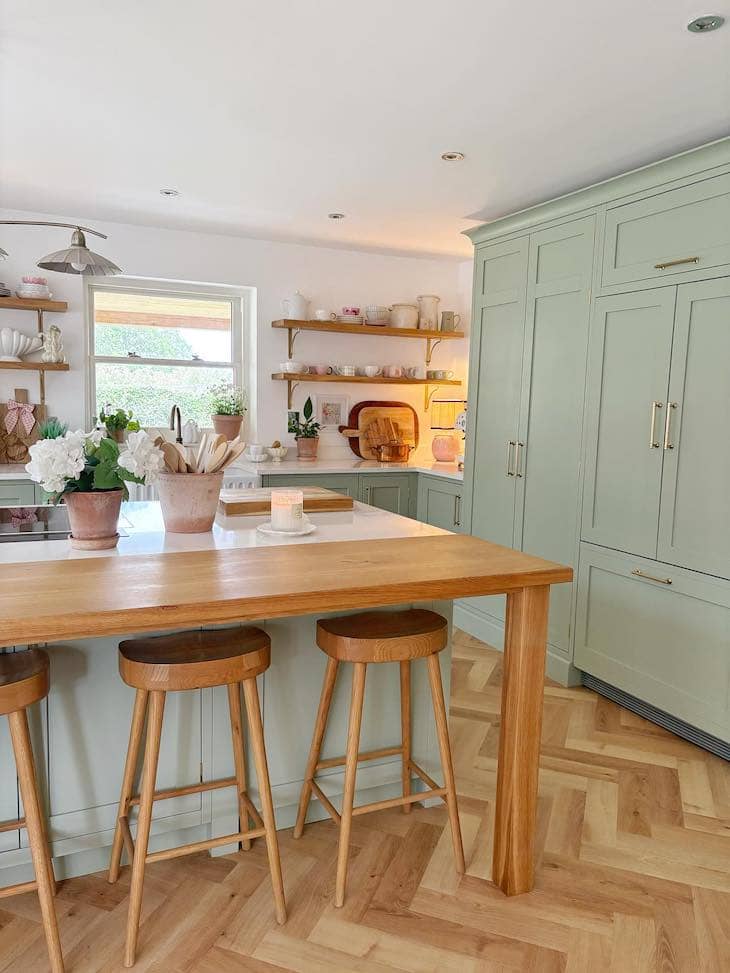 Light Green Cabinets with Open Shelving