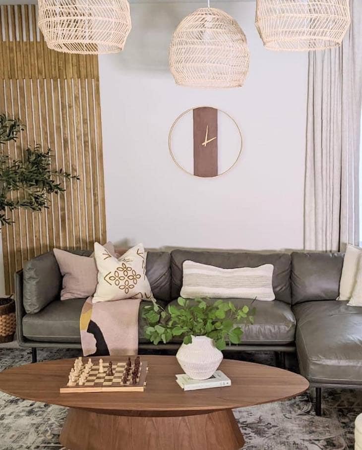 living room with grey leather sofa