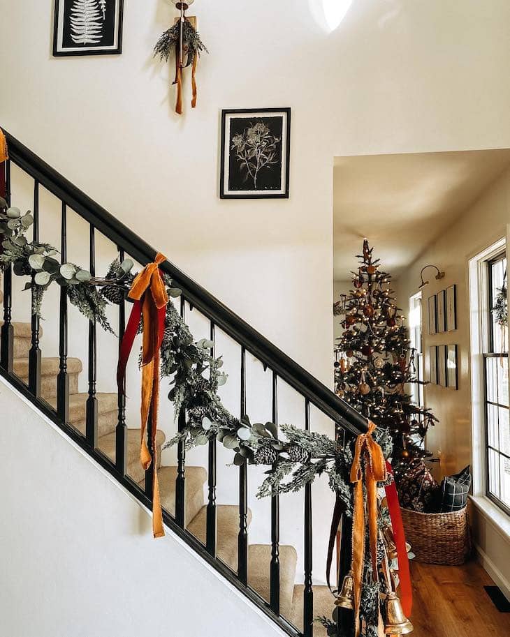 Christmas stairs with velvet ribbon