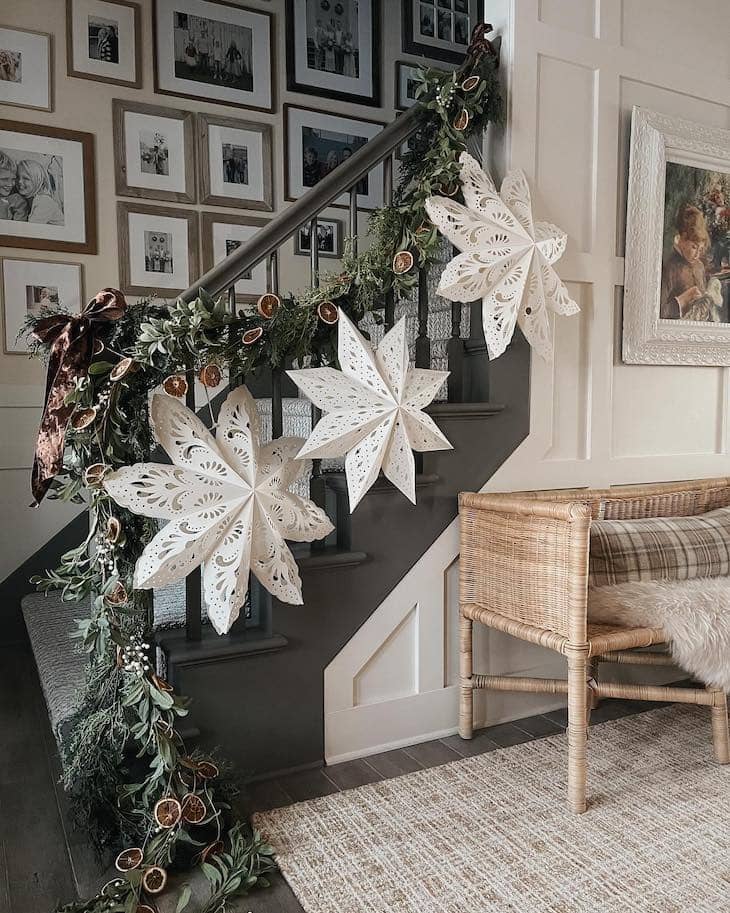 Christmas staircase with paper snowflakes