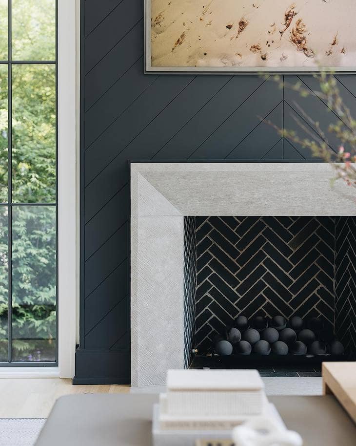 Herringbone Black Fireplace with Modern Detailing