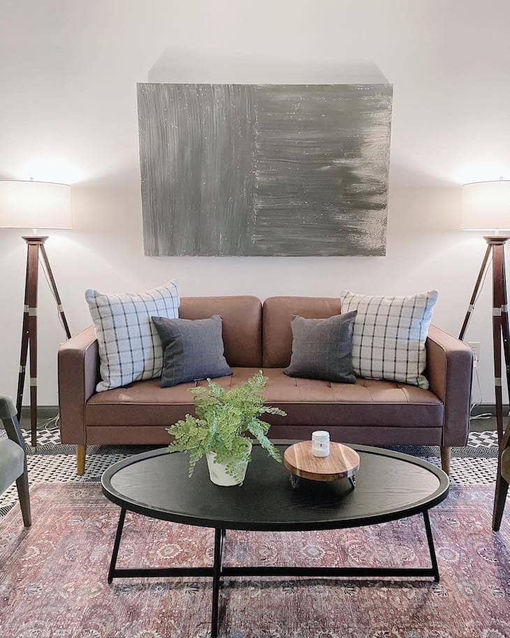 living room with leather sofa