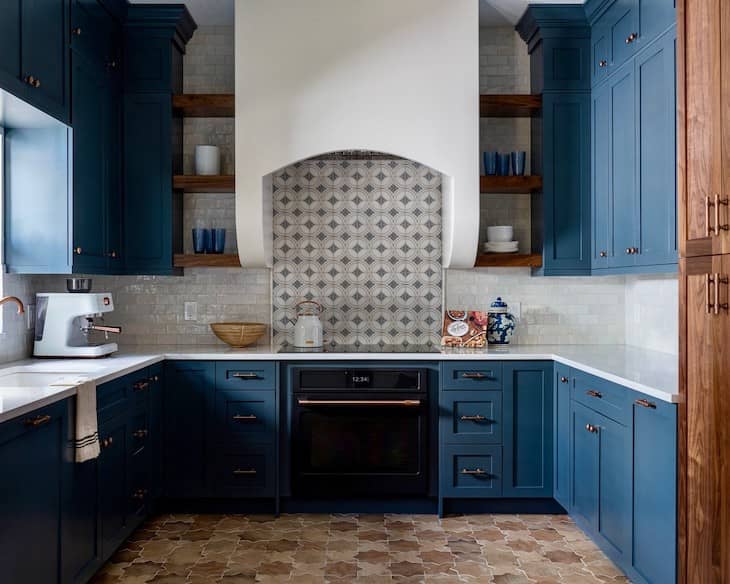 Navy Cabinets with Warm Wood Open Shelves
