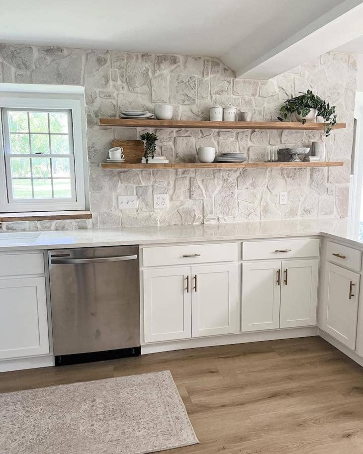 Simple Wood Shelves Against a Stone Wall