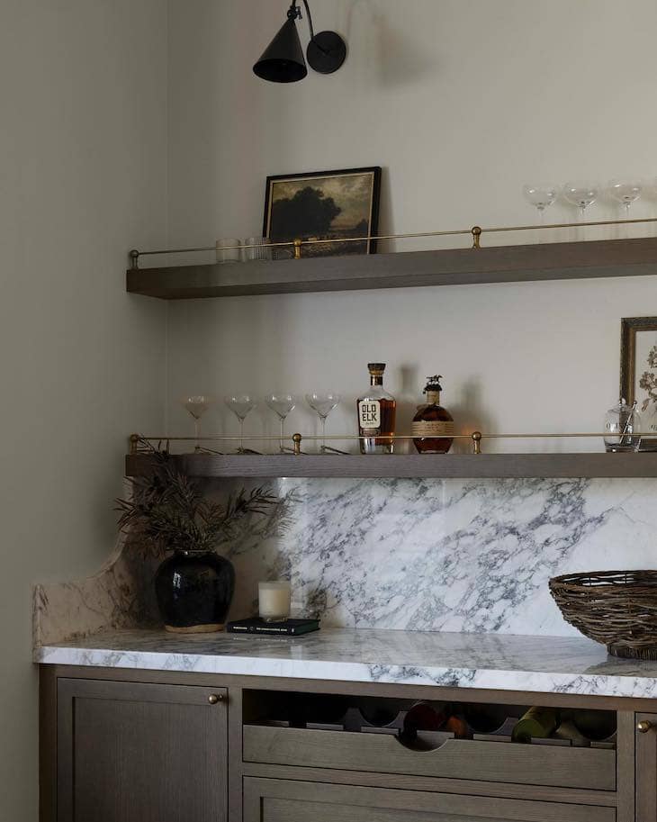 Sophisticated Open Shelves with Marble and Brass