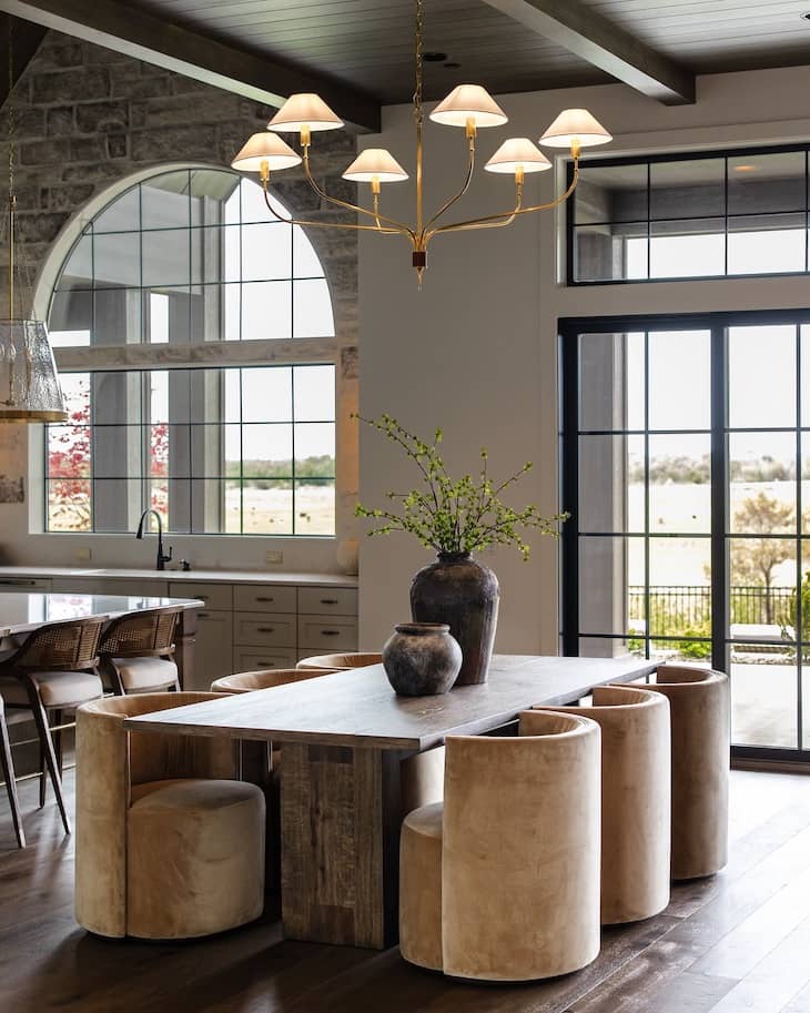 Rustic Plank Dining Table With Plush Barrel Chairs