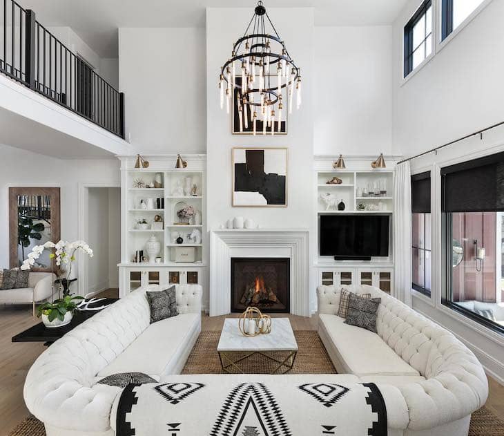 White Built-Ins with Modern Contrast Fireplace
