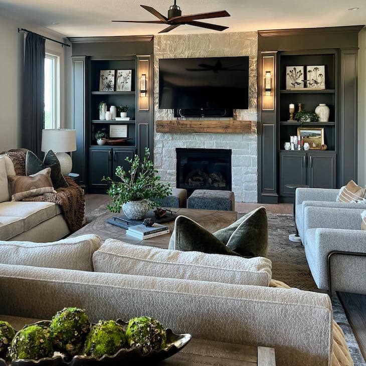 Charcoal Built-Ins with Rustic Stone Fireplace