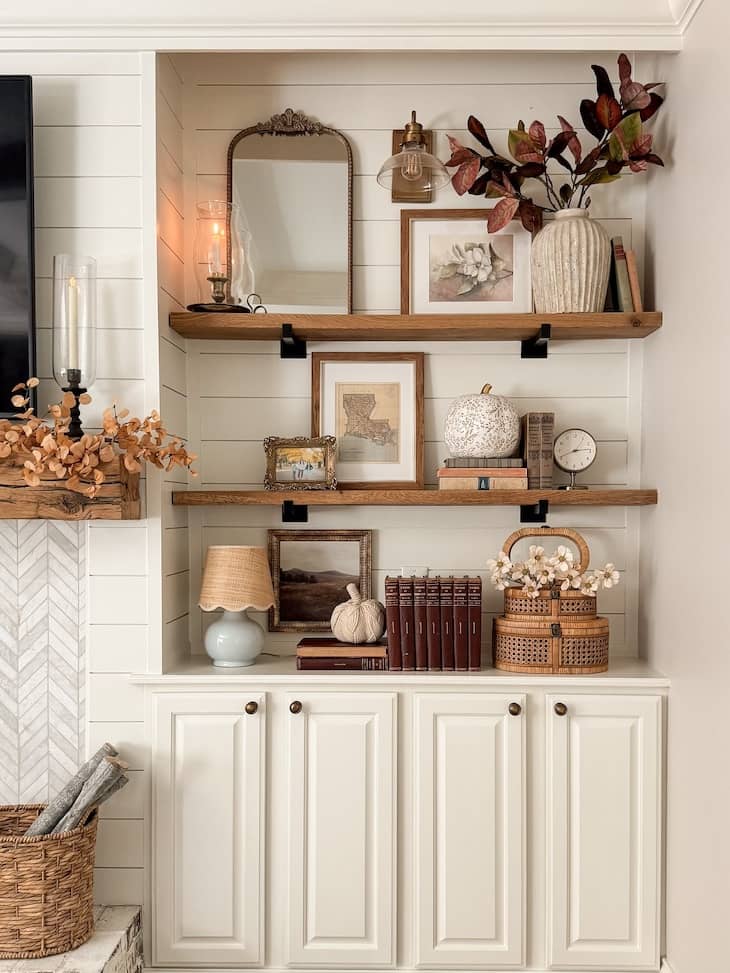 Cream Built-Ins with Wood Floating Shelves