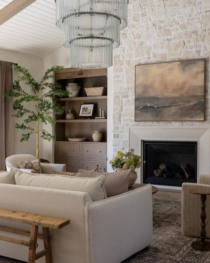 Stone Fireplace with Warm Taupe Built-Ins