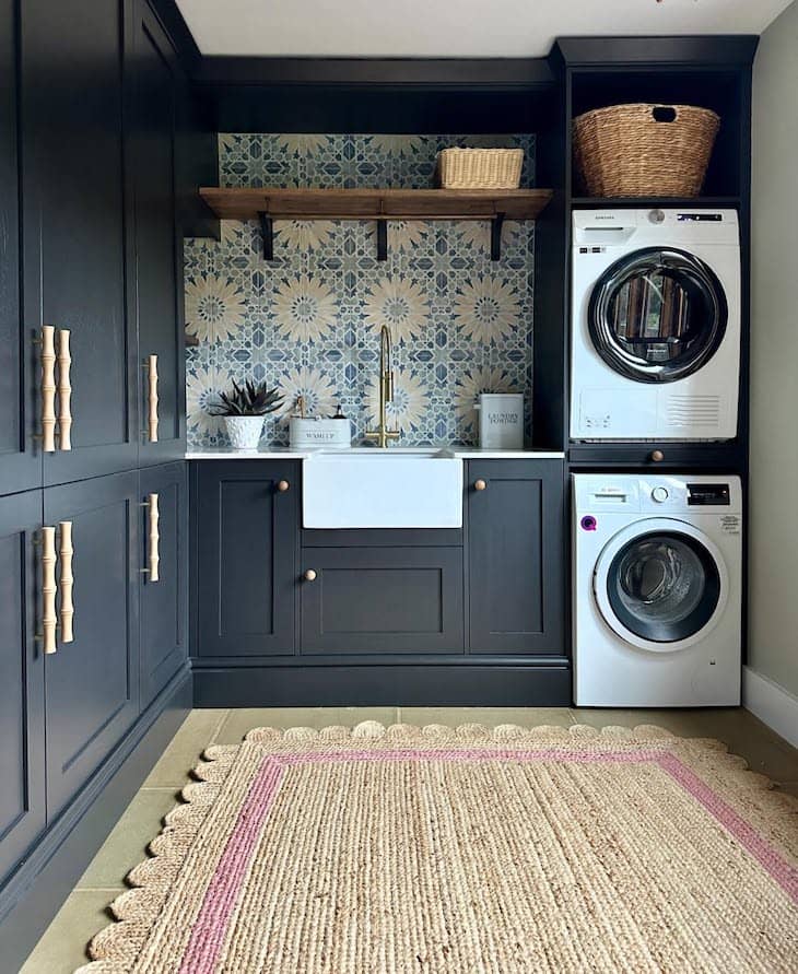 Dark Cabinets and Patterned Tile for a Statement Laundry Room