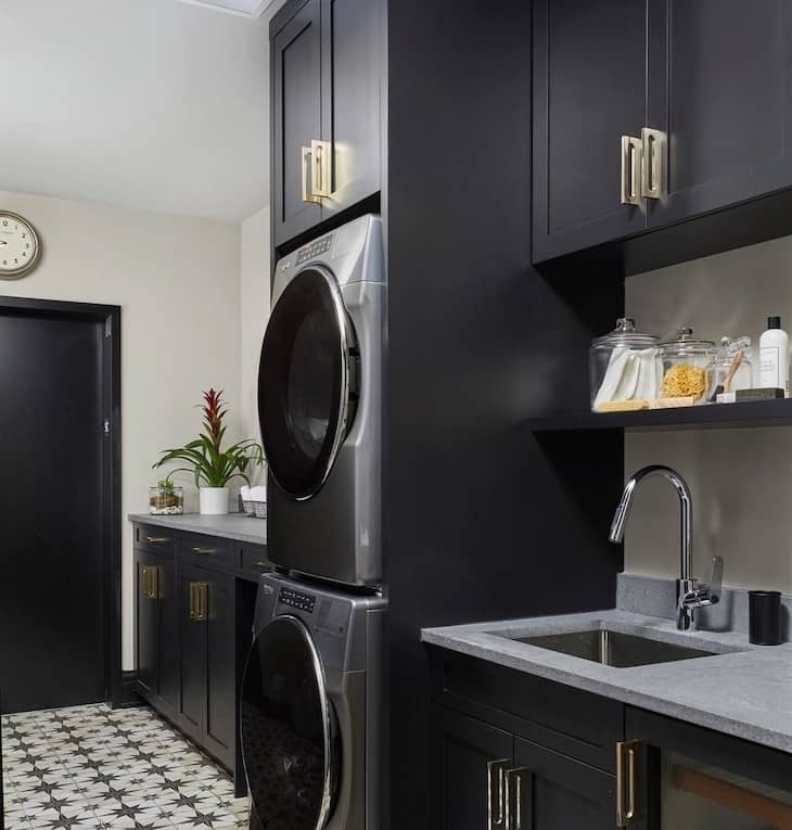 Sleek Black Laundry Cabinets With Brass Accents