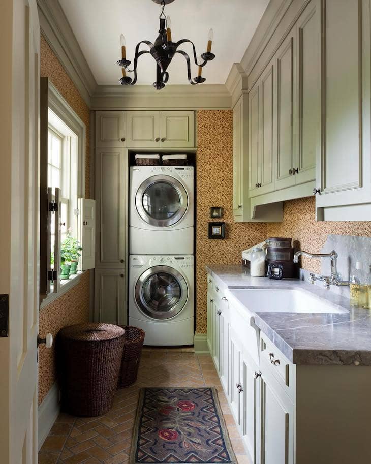 Classic Laundry Room With Warm Wallpaper
