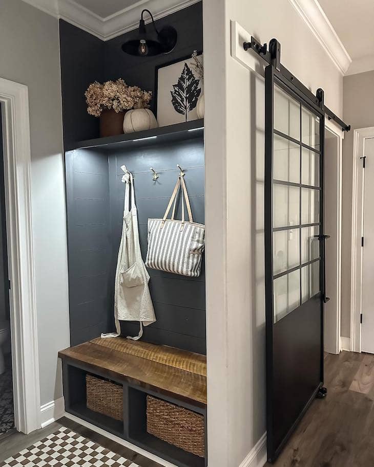 Modern Mudroom Nook with Dark Accents