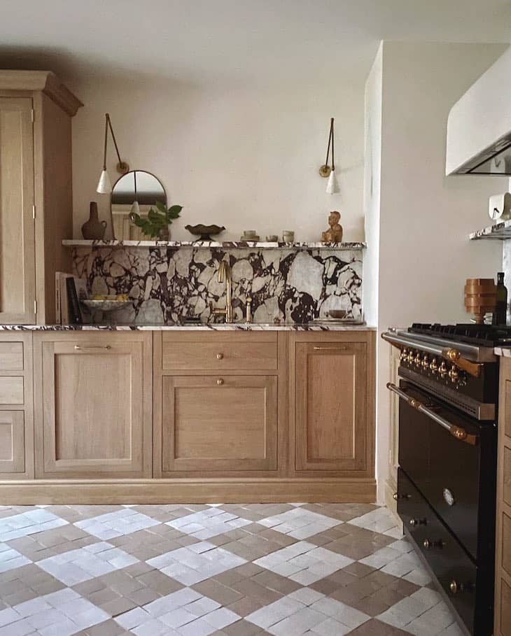 Soft Checkerboard Tile in a Warm, Natural Kitchen