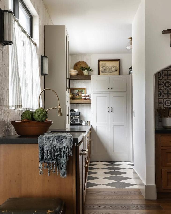 Modern Checkerboard Flooring in a Narrow Kitchen