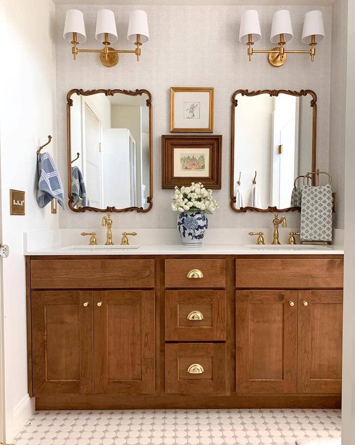 Warm Wood Vanity With Classic Brass Accents