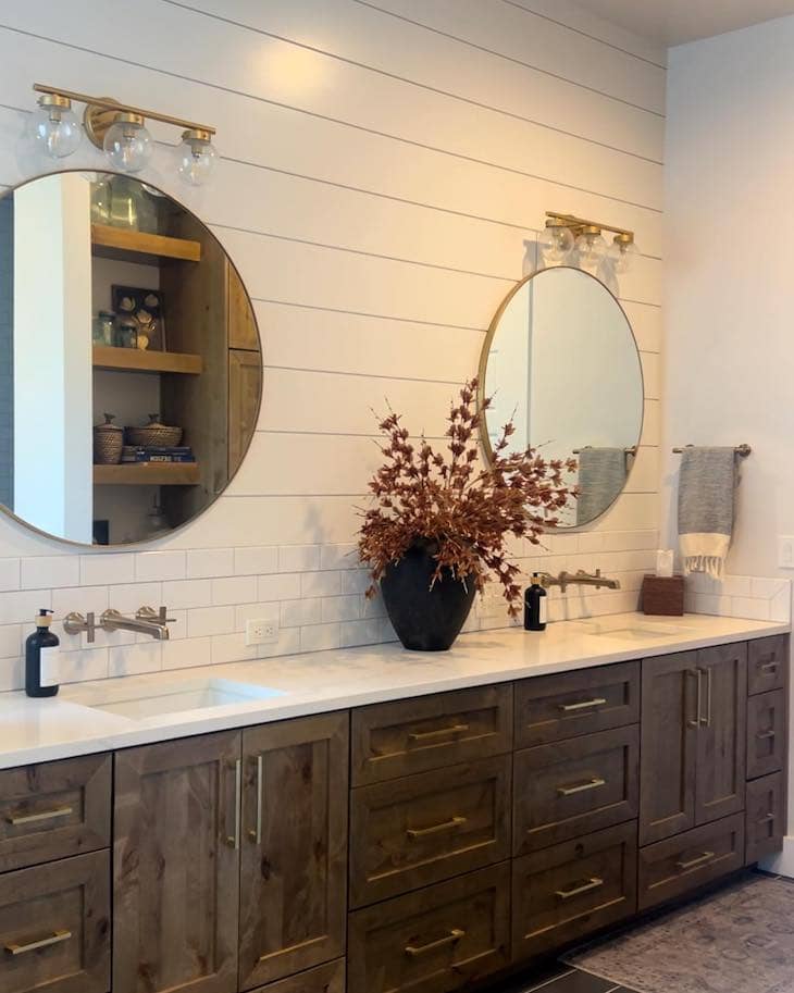 Natural Wood Vanity With Round Mirrors