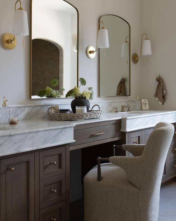 Classic Vanity With Dark Wood and Soft Marble