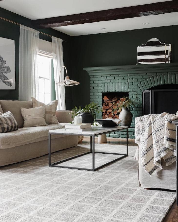 Grid Pattern Rug Balancing a Dark and Cozy Living Room