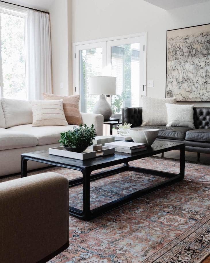 Traditional Rug Adding Color to a Neutral Living Room