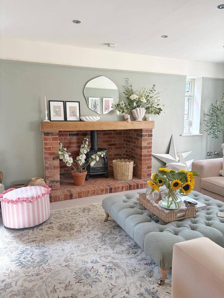 Natural red brick fireplace with Sage Green