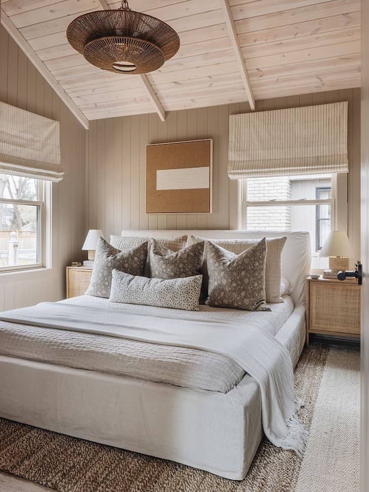 Warm Wood Ceilings and Organic Textures in neutral bedroom