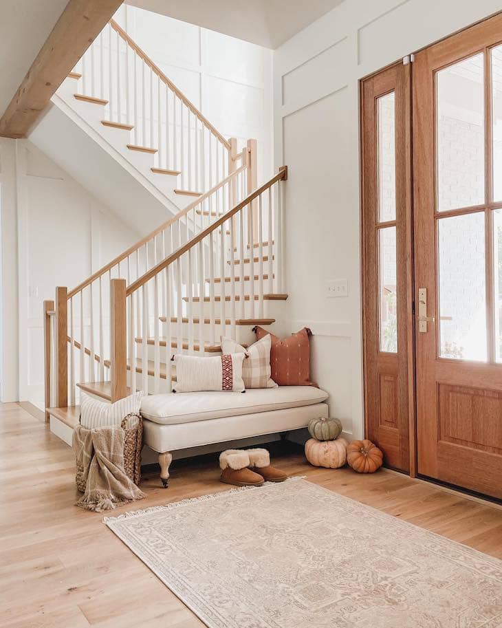Warm Farmhouse Wood and White Staircase Railing